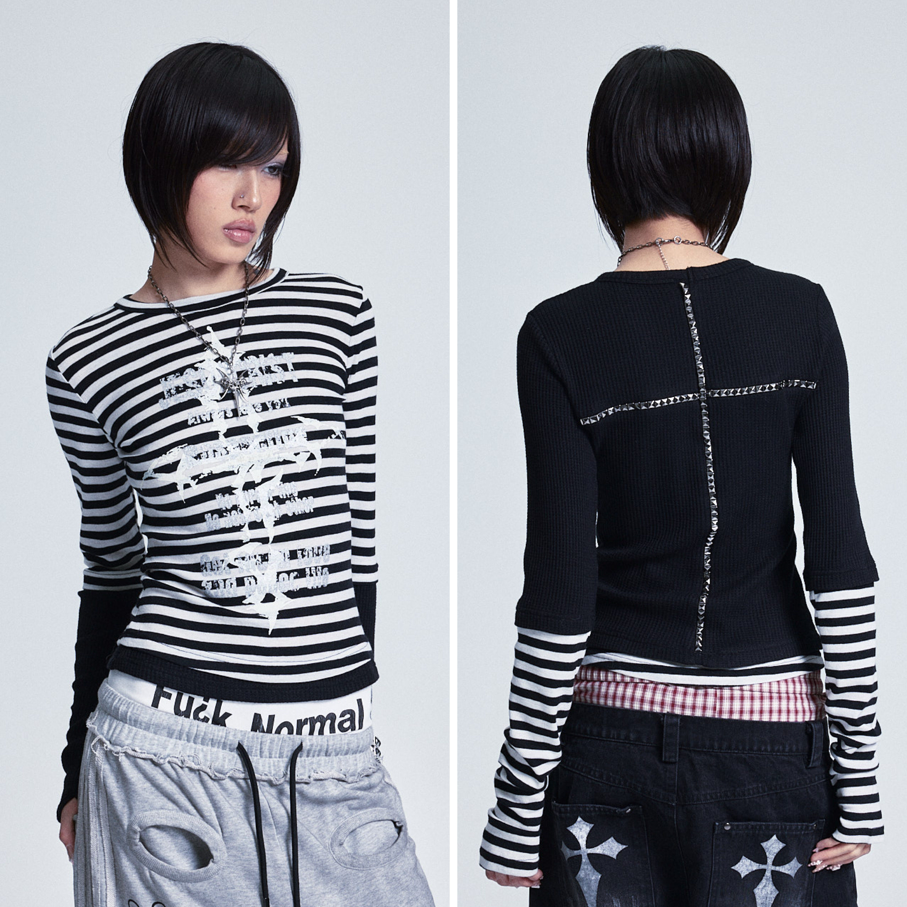 NONAME SPACE假两件高弹拼接条纹十字架铆钉印花堆堆长袖打底