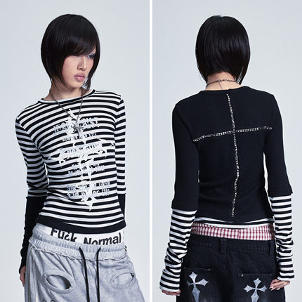 NONAME SPACE假两件高弹拼接条纹十字架铆钉印花堆堆长袖打底