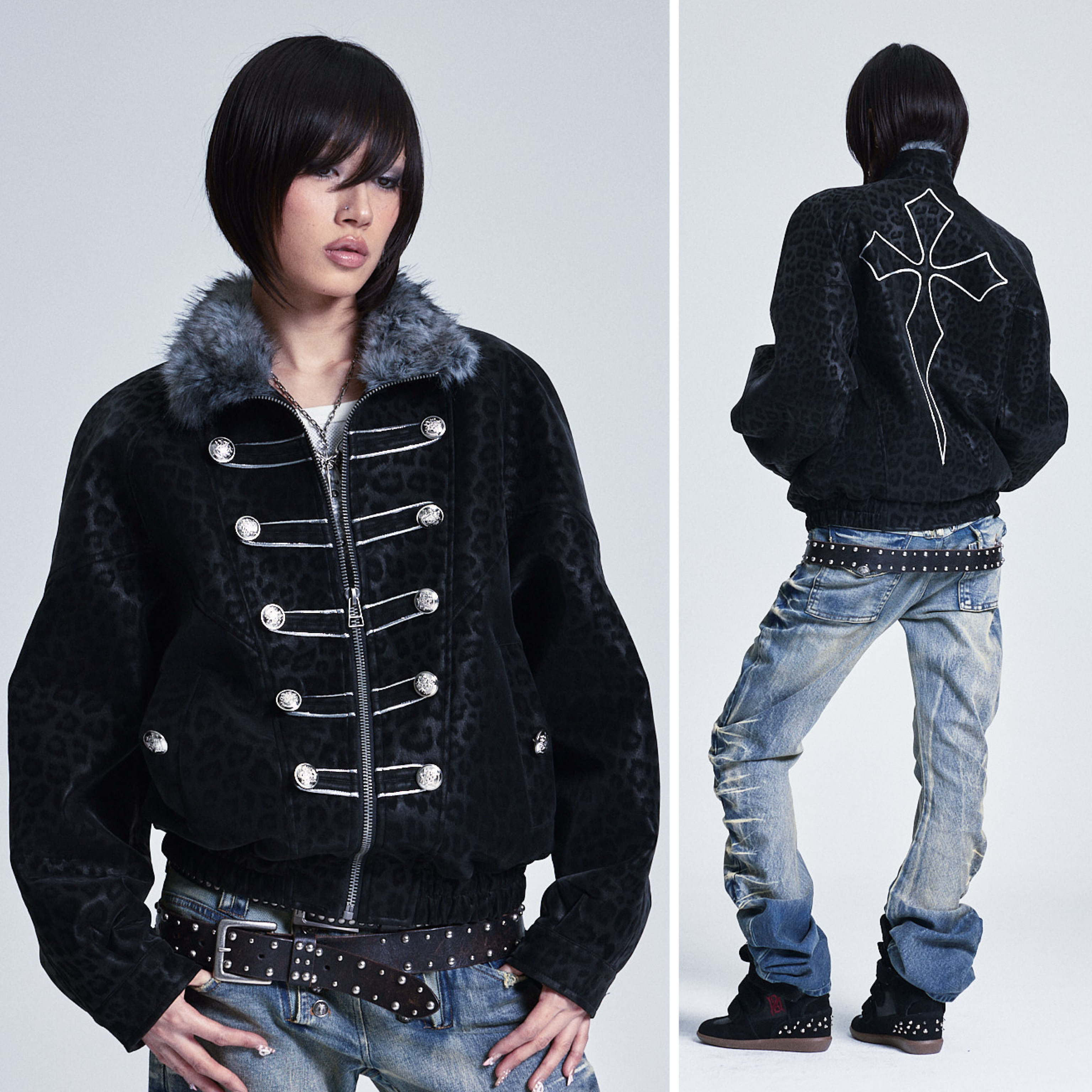 NONAME SPACE宽松落肩软pu加厚豹纹立领翻领毛绒宫廷风拉链外套