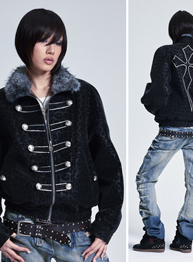 NONAME SPACE宽松落肩软pu加厚豹纹立领翻领毛绒宫廷风拉链外套