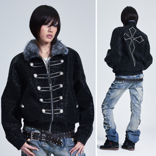 NONAME SPACE宽松落肩软pu加厚豹纹立领翻领毛绒宫廷风拉链外套