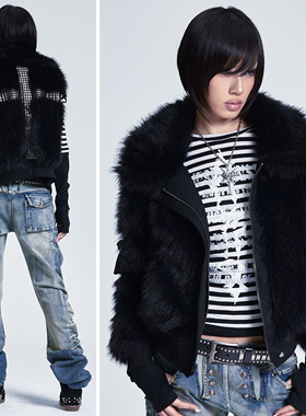 NONAME SPACE多穿法 可拆卸加厚菱格棉毛绒十字架烫钻马甲外套