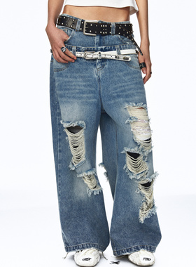 NONAME SPACE棉质宽松双腰头破洞做旧水洗牛仔长裤