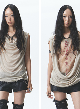 NONAME SPACE宽松荡领正反两穿印花背心（赠肩膀别针）