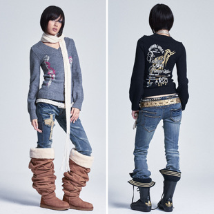 NONAME SPACE亲肤软糯显瘦灯笼袖印花V领毛衣打底