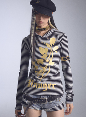 NONAME SPACE高弹条纹烫金印花露背帽衫长袖t