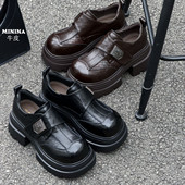设计感小众轻奢广州小皮鞋 纯皮高帮乐福鞋 女4cm方跟轻便厚底时尚