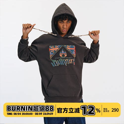 BURNIN*民族风毛毡贴布绣方片LOGO帽衫男女同款宽松休闲连帽卫衣