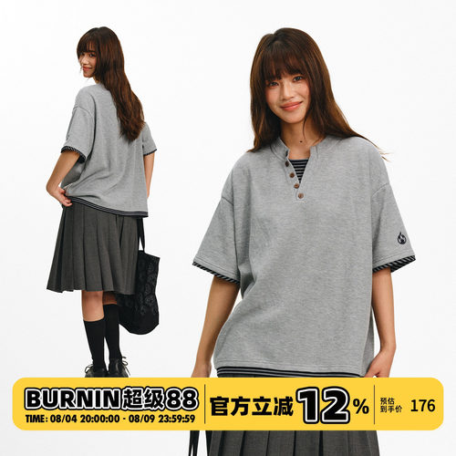 BURNIN*华夫格假两件享利领短袖POLOT恤休闲宽松夏季潮流上衣