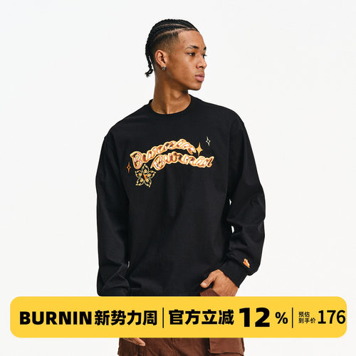 BURNIN*贴布刺绣扭曲logoT恤纯棉休闲风上衣男士潮流百搭宽松卫衣