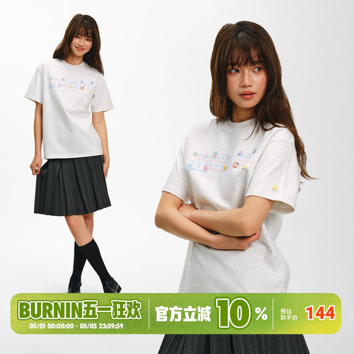 BURNIN*纽扣米粒绣贴布短袖T恤纯棉宽松圆领时尚休闲上衣2026新款
