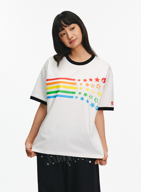 BURNIN*小火苗彩虹五角星短袖T恤休闲风亲肤透气白色简约上衣