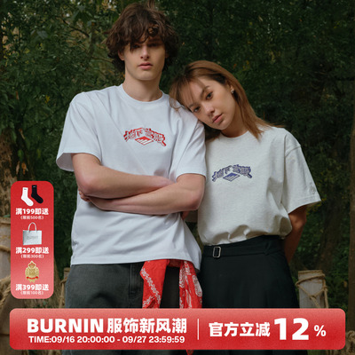 BURNIN*地下宫殿刺绣短袖T恤男女白色经典基础圆领体恤衫圆领上衣