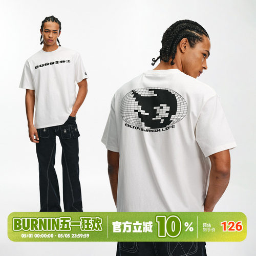 BURNIN*像素球形火苗短袖T恤纯棉男女情侣圆领上衣2026年春夏新款