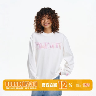 休闲宽松上衣 T恤男春秋新款 BURNIN 小火苗飞镖贴布绣格子拼接长袖