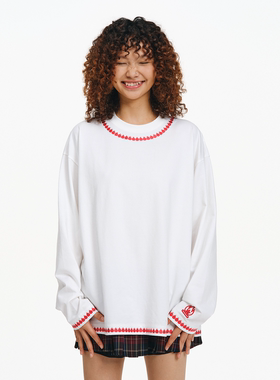 BURNIN*小火苗刺绣项链长袖T恤男女秋季基础休闲宽松纯色上衣百搭