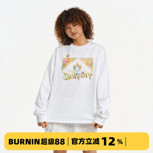 BURNIN*油画方片logo长袖T恤纯棉男女款美式潮流印花休闲百搭卫衣
