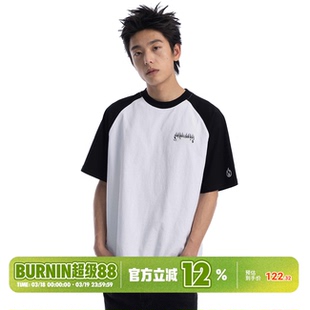 BURNIN*火焰横排logo圆领插肩袖短袖T恤男夏季休闲宽松上衣情侣装