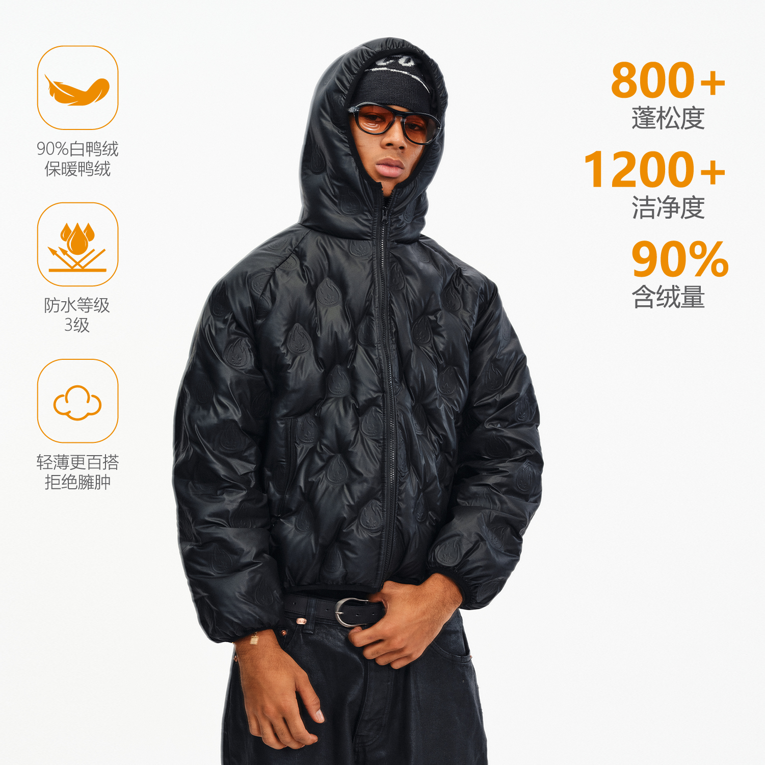 90白鸭绒小火苗压花连帽羽绒服