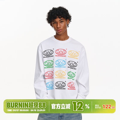 火焰骷髅彩标长袖T恤美式