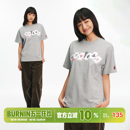 BURNIN*火苗扑克牌短袖T恤宽松圆领休闲2026年新款夏季纯棉上衣