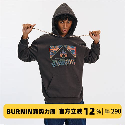 BURNIN*民族风毛毡贴布绣方片LOGO帽衫男女同款宽松休闲连帽卫衣
