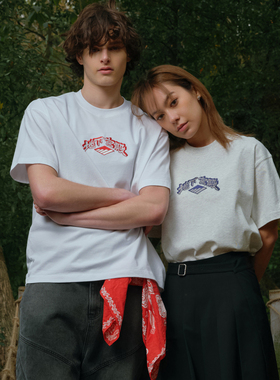 BURNIN*地下宫殿刺绣短袖T恤男女白色经典基础圆领体恤衫圆领上衣