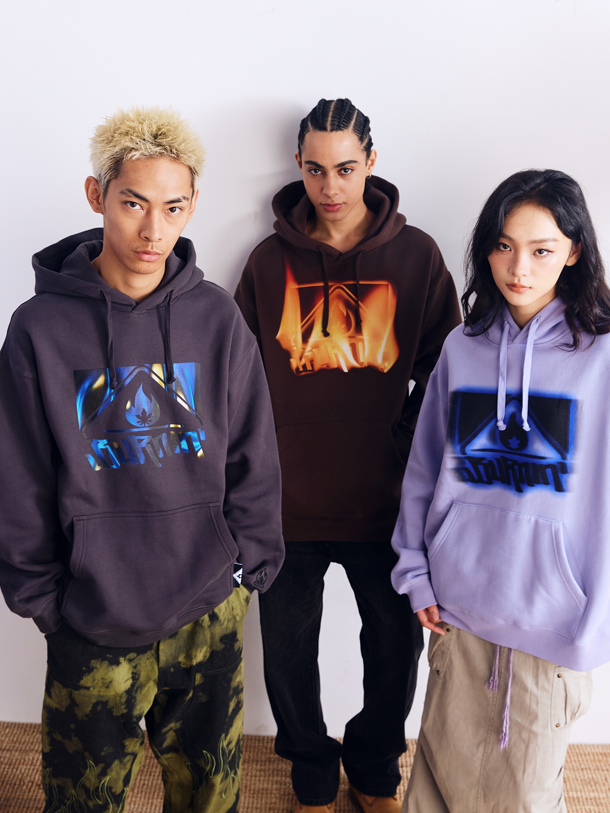 BURNIN* 스퀘어 로고 후드 스웨트셔츠[남성 및 여성용] 아메리칸 스트리트 루즈 후드티 탑 내셔널 트렌드 가을 겨울용 다용도