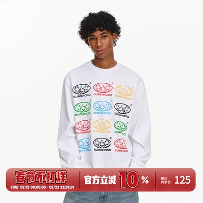 火焰骷髅彩标长袖T恤美式