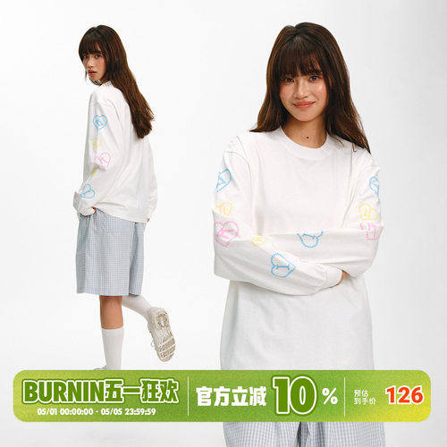 BURNIN*袖子火苗爱心长袖T恤纯棉男女同款圆领印花上衣美式休闲潮