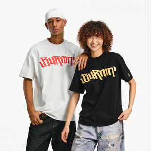 BURNIN*大横排logo正胸口短袖T恤风夏季宽印花透气潮流小火苗