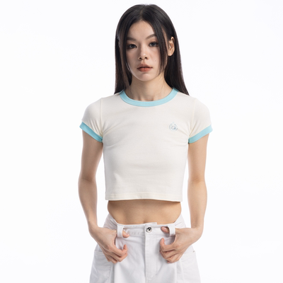 PINK BURNIN*闪钻撞色短款短袖T恤辣妹露脐显瘦打底衫