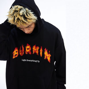 秋新款 卫衣男情侣百搭街头潮 火焰字体连帽卫衣帽衫 BURNIN