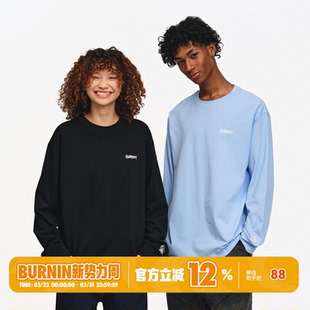 上衣新款 BURNIN 美式 T恤男女纯棉宽松基础圆领打底衫 小火苗长袖