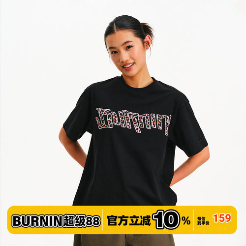 BURNIN*横排logo豹纹贴布短袖T恤纯棉休闲风圆领2026年夏季新款