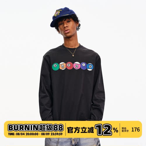 BURNIN*趣味台球字母长袖T恤男秋冬基础休闲宽松百搭打底衫上衣潮