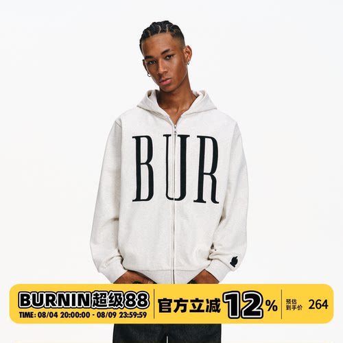 BUR字体贴布绣拉链帽衫