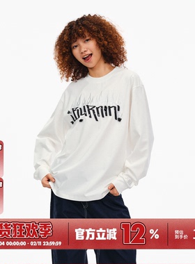 BURNIN*烫银牛仔贴布绣长袖T恤男女秋冬基础圆领宽松街头国潮上衣