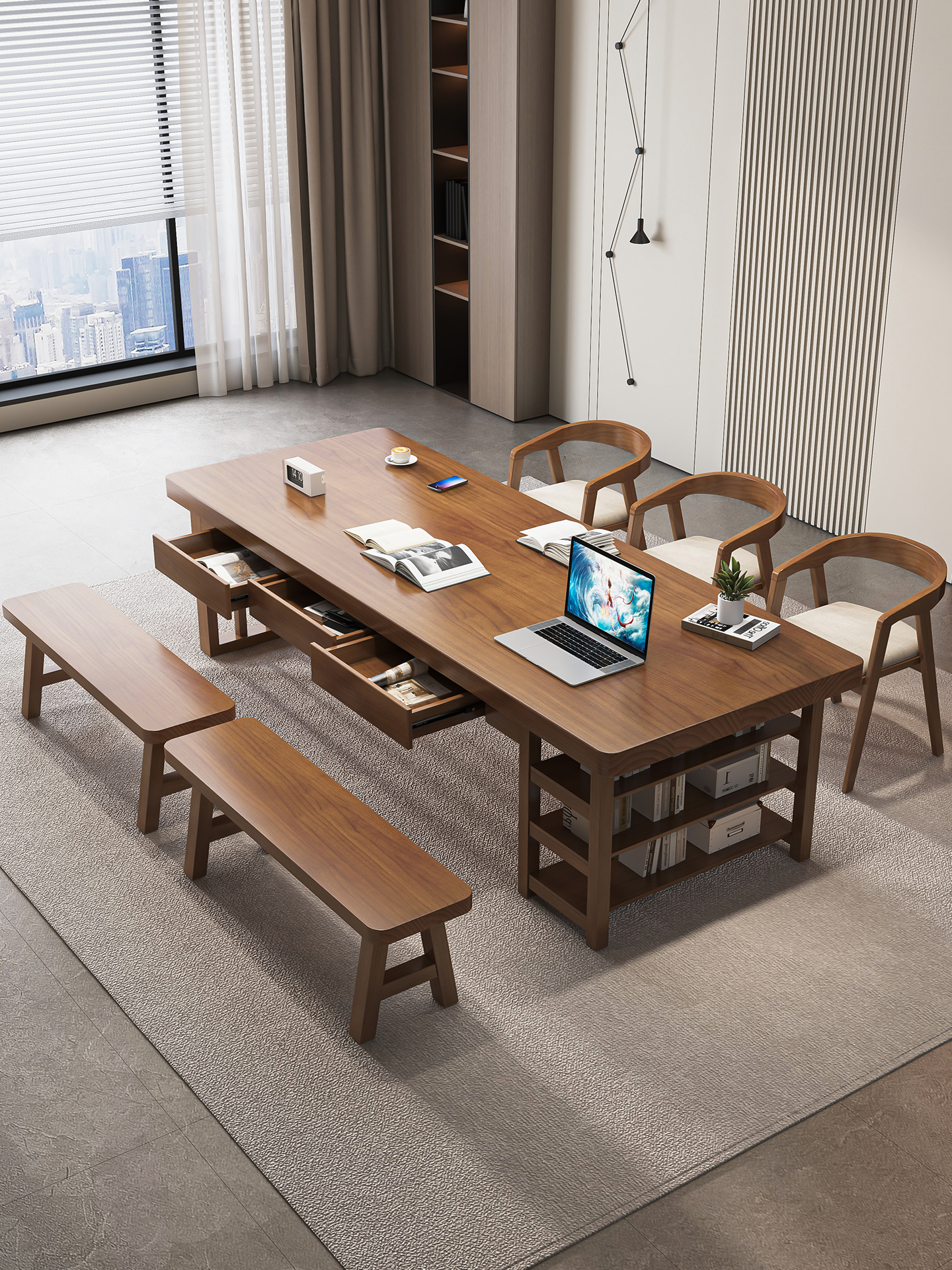 实木书桌去客厅书架集成学习桌与抽屉现代简单的家庭书桌工作台