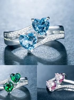 跨境eBay新款ring女士锆石戒指双心形多色宝石镀白金铜指环首饰品