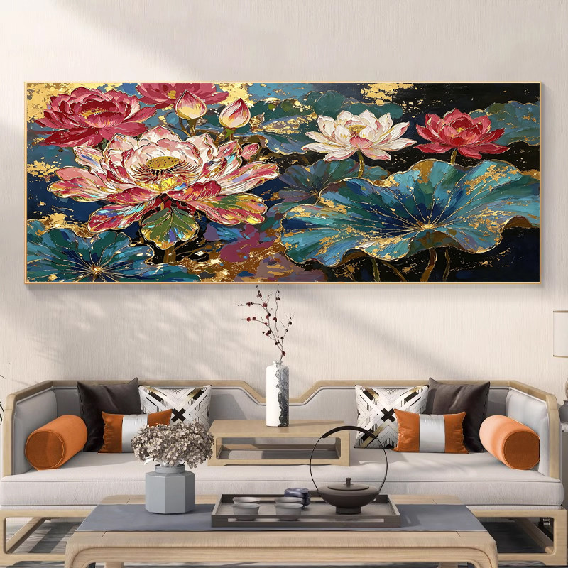 横版富贵荷花图diy数字油画轻奢新中式客厅花卉装饰挂画富贵吉祥图片