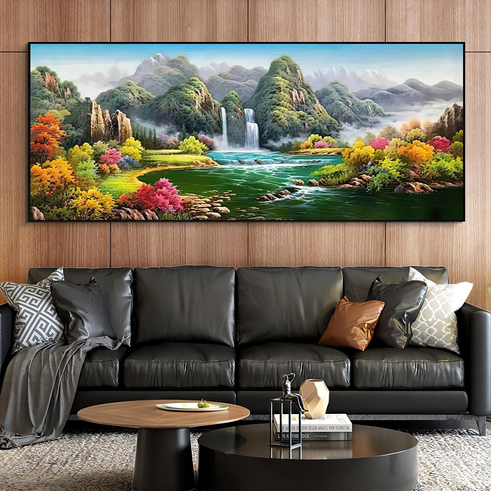 聚宝盆数字油画diy手绘山水风景装饰画青山绿水客厅招财靠山图