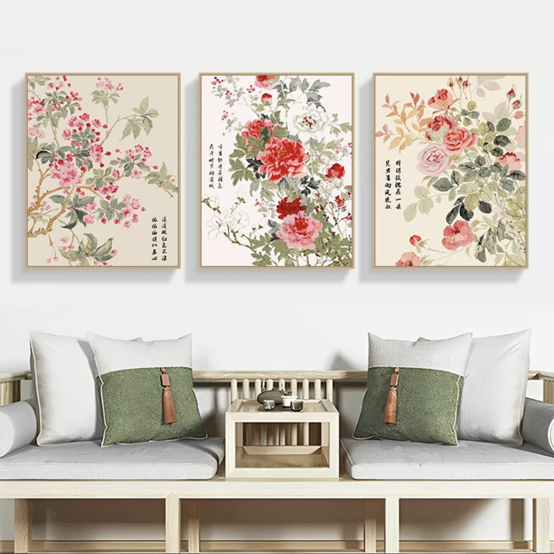 数字油画新中式花卉手绘装饰画现代三联画diy油画涂色三拼丙烯画图片
