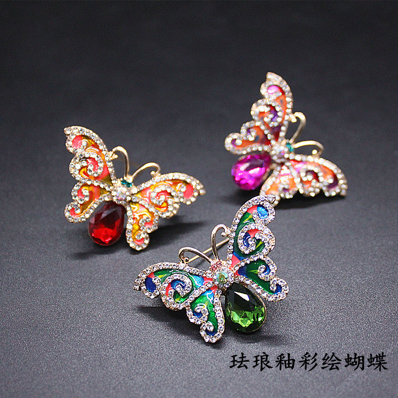 珐琅釉手工彩绘水晶蝴蝶胸针时尚配饰胸花个性装饰衣服百搭新款