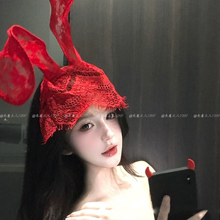 恶魔大人红色性感兔耳朵发箍蕾丝面罩眼罩遮脸网纱发夹万圣节头饰
