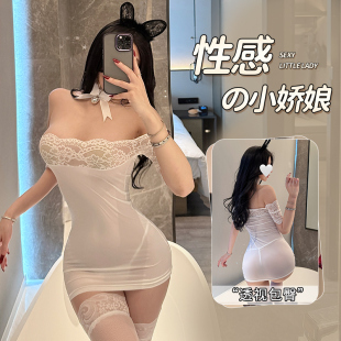 恶魔大人情趣纯欲微透一字肩蕾丝边紧夜店包臀连衣裙性感夜店纯欲