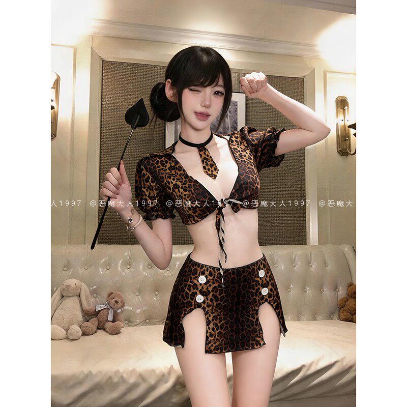 恶魔大人情趣性感深V紧身系带豹纹分体秘书短裙纯欲制服套装诱惑