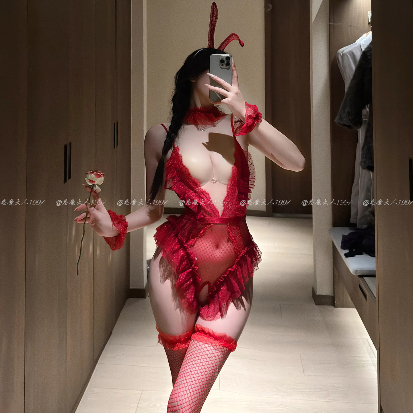 恶魔大人情趣性感透视开档深v连体衣诱惑COS吊带兔女郎制服内衣