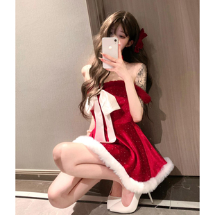 恶魔大人红色一字肩圣诞节战袍抹胸连衣裙女纯欲气质蝴蝶结演出服