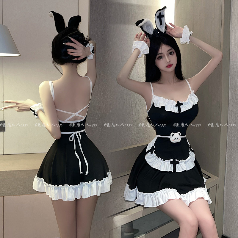 恶魔大人情趣性感深V围裙小女佣制服火辣露背吊带兔女郎诱惑内衣